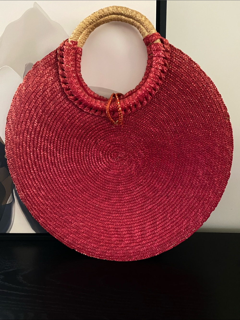 Vintage 80’s Round Boho Red Raffia Handbag - Picture 3 of 11